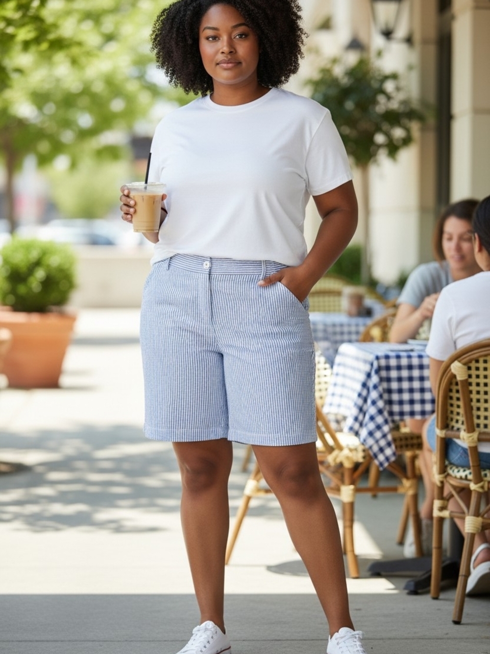 bill blass Blue and White Seersucker Stripe Women's Bermuda Shorts